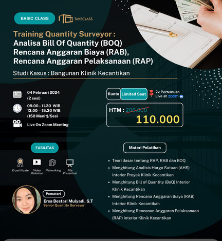 Training Quantity Surveyor :  Analisa Bill of Quantity (BOQ) Rencana Anggaran Biaya (RAB), Rencana Anggaran Pelaksanaan (RAP)